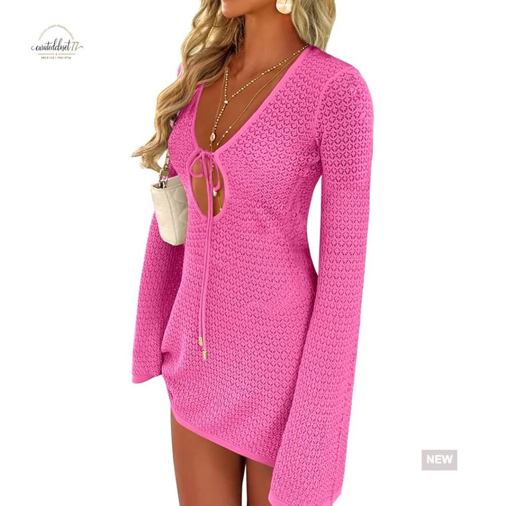 Crochet Mesh Cover Up Long Sleeve Beach Dress Loose Fit V Neck